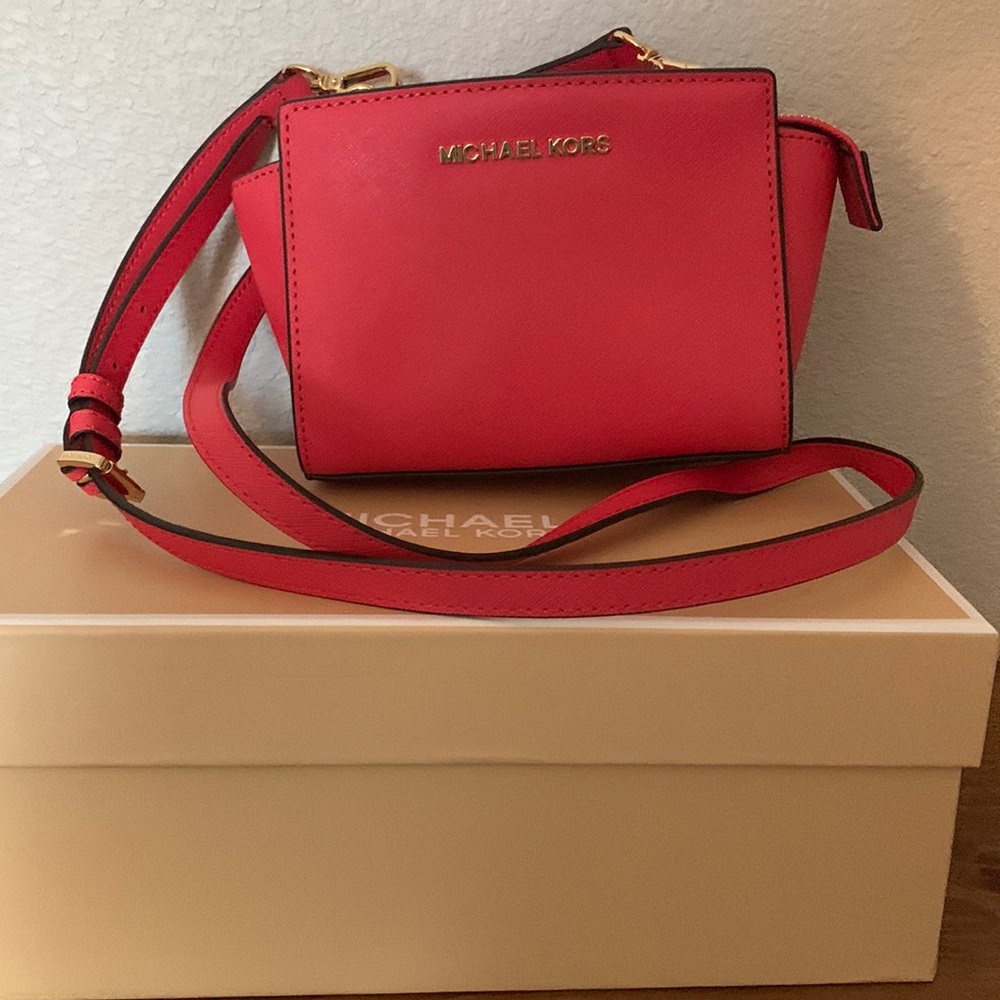 Michael Kors leather mini Selma crossbody bag watermelon